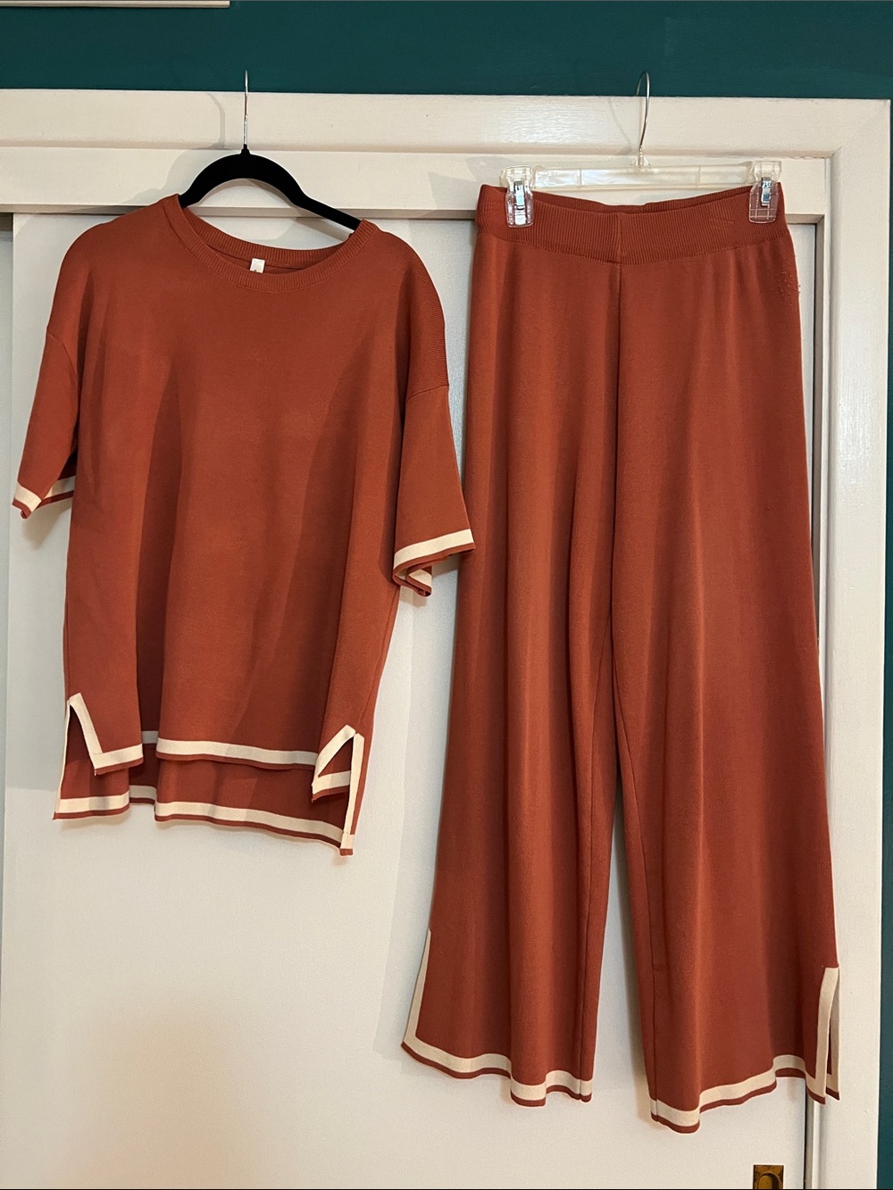 Women’s Rust Colored Two-Piece Lounge Set with Cream Trim from Amazon
